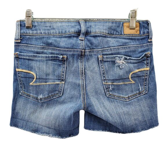 American Eagle Womens SZ 2 Cutoff Denim Jean Shorts Dark Wash Distressed Stretch - Picture 2 of 7